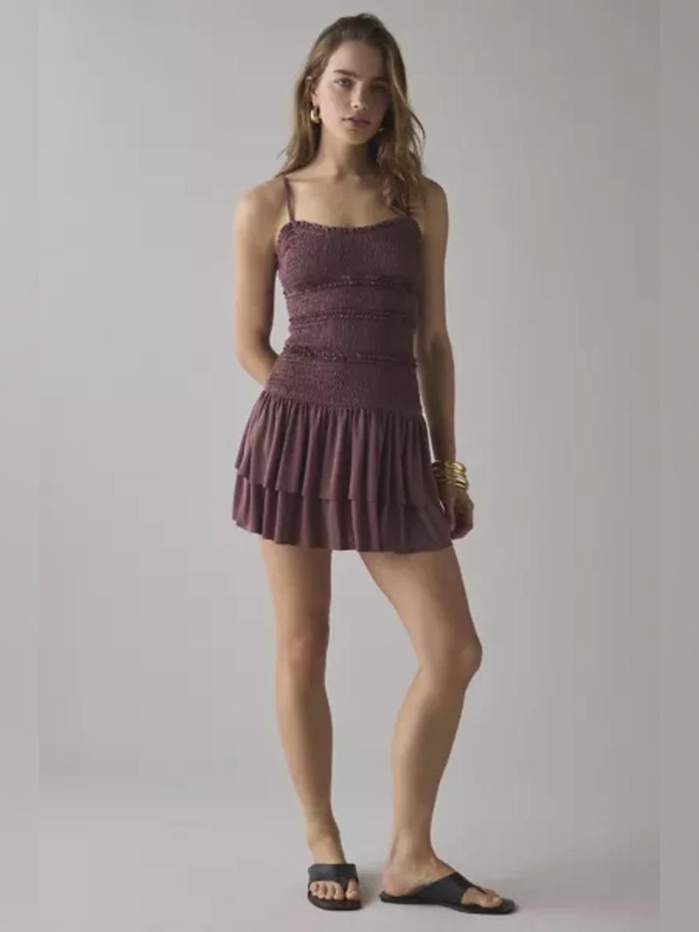 UO Heide Smocked Drop Waist Mini Dress